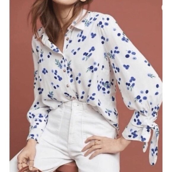 Maeve Tops - Anthropologie MAEVE Blithe Button Up Shirt  Blueberry Print Tie Sleeves Sz 4